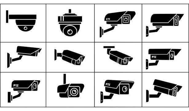 Bold CCTV camera icons square composition vector set with surveillance security design