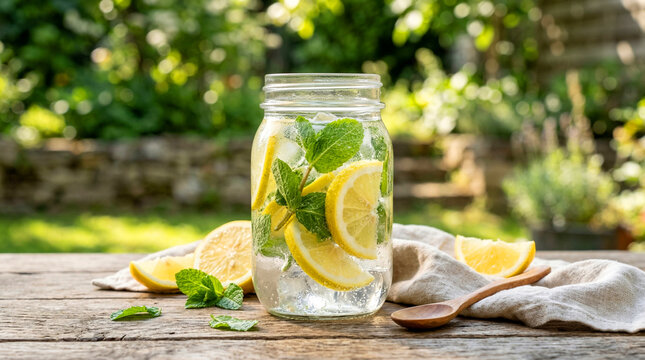 Refreshing Lemon Mint Infused Water in Glass Jar Outdoors &mdash; Air Infus Lemon dan Mint Segar dalam Stoples di Luar Ruangan