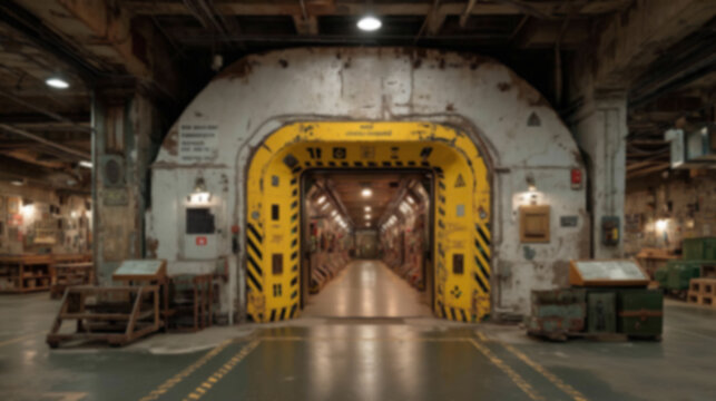 Defocused background of an old underground military bunker entrance. Post apocalyptic survival and fallout shelter concept with copy space