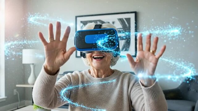 Happy senior woman in a VR headset interacting with magical digital blue particles in her living room. Modern technology lifestyle with integrated digital VFX and realistic home interior lighting.