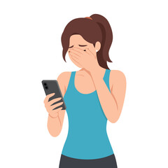 Fototapeta premium Sad Woman Crying While Looking at Smartphone in Hand. Flat vector illustration isolated on white background