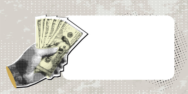 Trendy Halftone Collage Hand holding money and  frame for your text. elements for collages. Halftone effect. Retro illustration on business theme with doodles dollars.