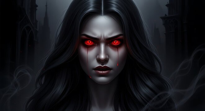 Intense Gaze of a Supernatural Woman with Glowing Red Eyes.