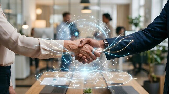 Business Partnership Handshake with Digital Network Overlay Technology Integration.