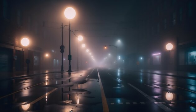 A deserted city street at night, shrouded in thick fog and illuminated by glowing streetlights, with wet asphalt reflecting the dim light.