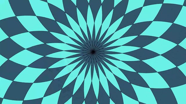 A vibrant cyan and dark teal radial geometric pattern featuring interlocking diamond shapes that expand from a central point.