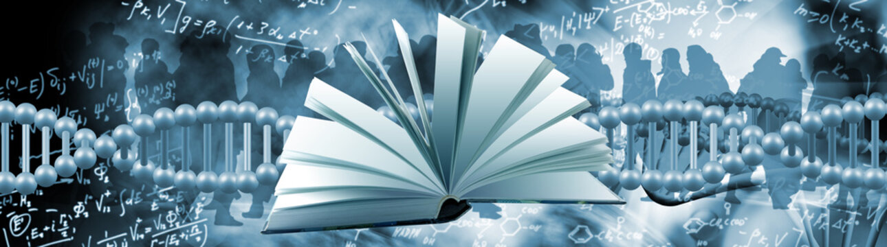 Science book opened with DNA strands and crowd of people in the background during a conference on research and innovation