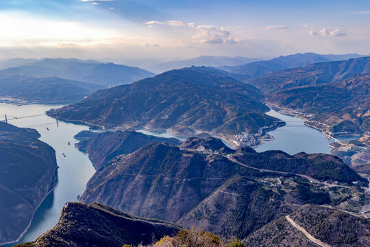 Qutang Gorge, the narrowest and most majestic of the Three Gorges of the Yangtze River in China. This area is known as the "gate" of the gorge, where the river narrows between the sheer cliffs