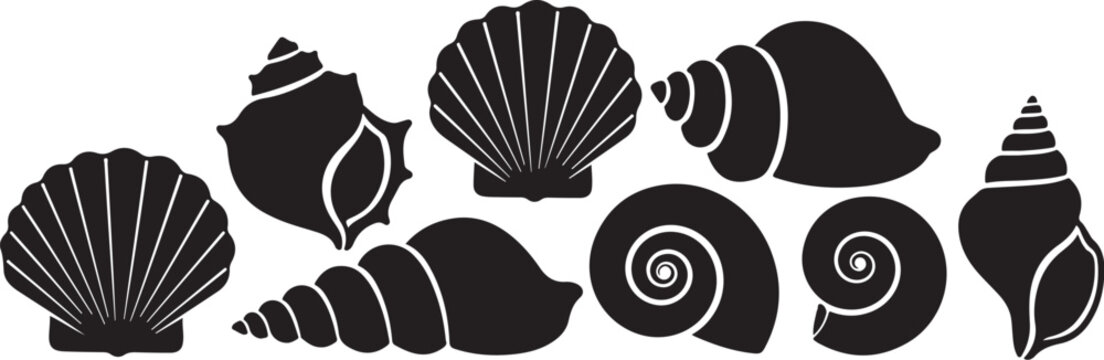 Black seashell vector icons, shell silhouettes, ocean beach symbols, 8 piece collection