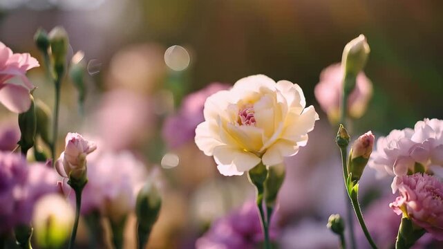 Pink white and purple carnation flower in sunlight. Spring flower field soft colors. Blurred background soft morning light