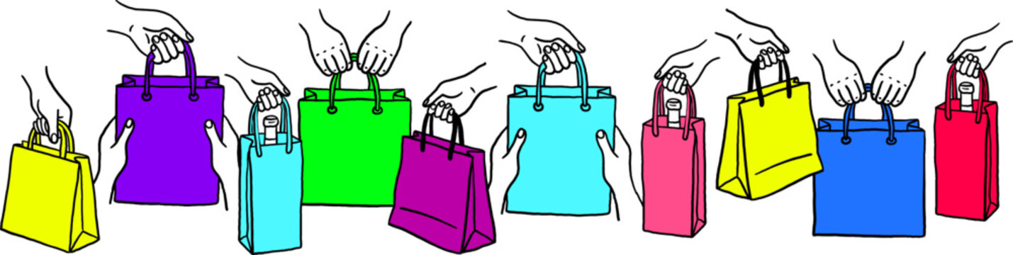 colorful shopping bags border with hand drawn hands holding bright paper sacks for retail sale banner and store promotion design