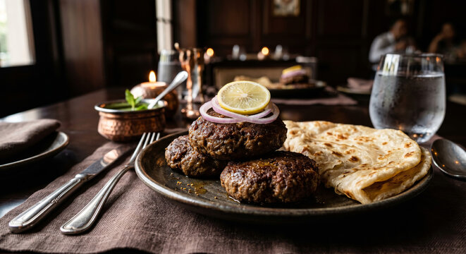 Famous Lucknawi Tunde Kabab with Rumali Rotis and Onions. Soft, melt-in-the-mouth minced meat kababs prepared with secret spices, a royal heritage dish from Lucknow, Uttar Pradesh.