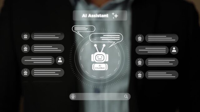 Man chatting with AI Assitant or agent by tapping a touchscreen with a pen or pencil. Artificial Intelligence or AI, Cloud Computing, Big Data, IoT Technology Concept. 4K Video.