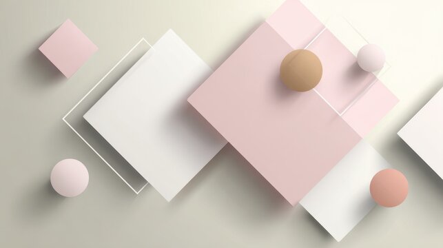 premium Abstract 3D composition of minimalist geometric shapes and spheres in pastel pink and beige tones background