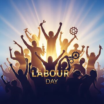Diverse workers celebrating Labour Day with raised fists and tools under golden sunlight