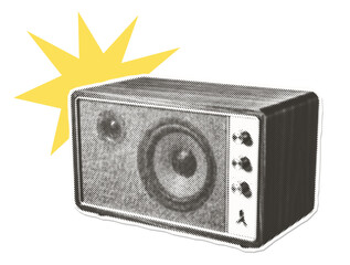 Isolated retro halftone vintage radio - paper cutout collage composition. Trendy zine style portable receiver design asset. ©  Mariya Primakina