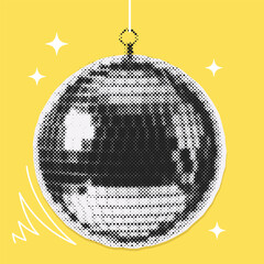 Isolated retro halftone disco ball on yellow background - paper cutout collage composition. Vintage party design asset for club or music events. ©  Mariya Primakina