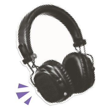 Isolated retro halftone headphones - paper cutout collage composition. Trendy zine style sticker element.