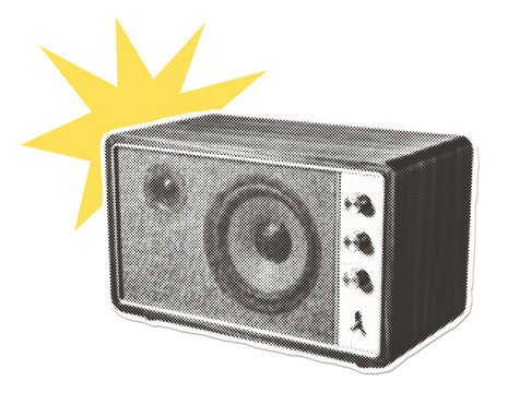 Isolated retro halftone vintage radio - paper cutout collage composition. Trendy zine style portable receiver design asset.