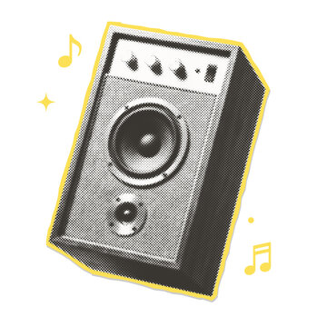 Isolated retro halftone musical speaker - paper cutout collage composition. Vintage zine style audio equipment design asset.