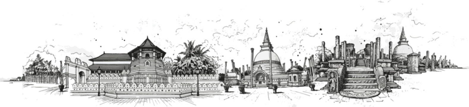 Sri Dalada Maligawa and Ancient Watadageya Line Art Sketch, Temple of the Tooth Kandy Sri Lanka Architectural Illustration, Cultural Heritage Drawing - buddhist