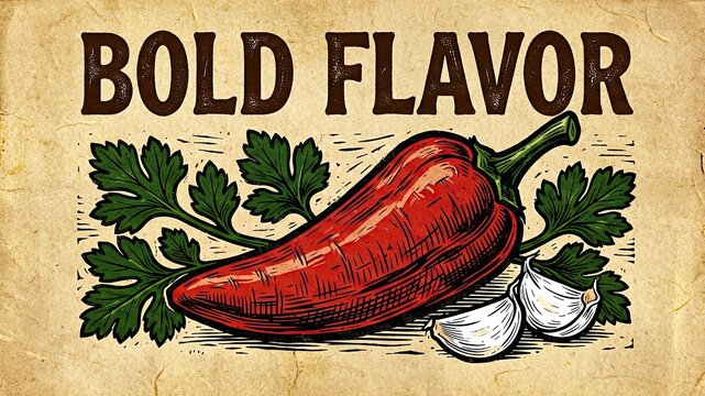 Vintage style bold flavor food poster with hand drawn red chili pepper garlic and parsley on parchment paper.