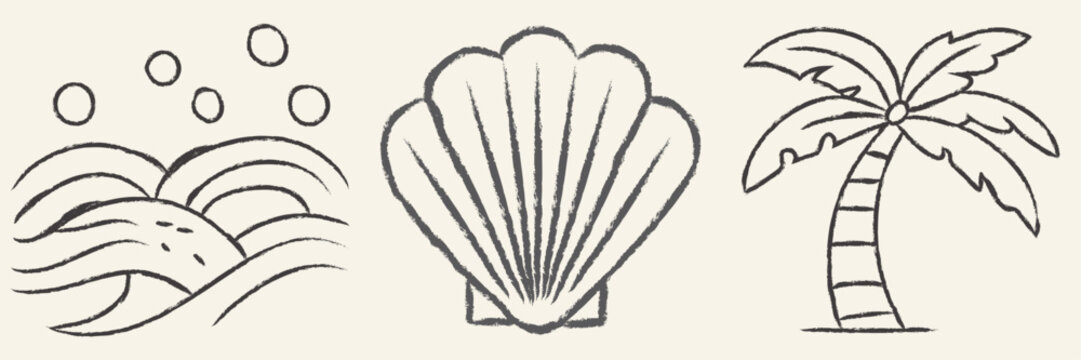 A serene beach scene with palm tree, waves, and seashell