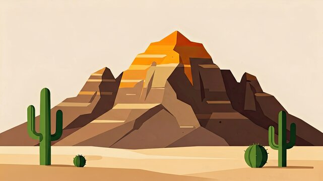 Minimalist desert landscape with flat vector style mountain and cacti under clear sky.