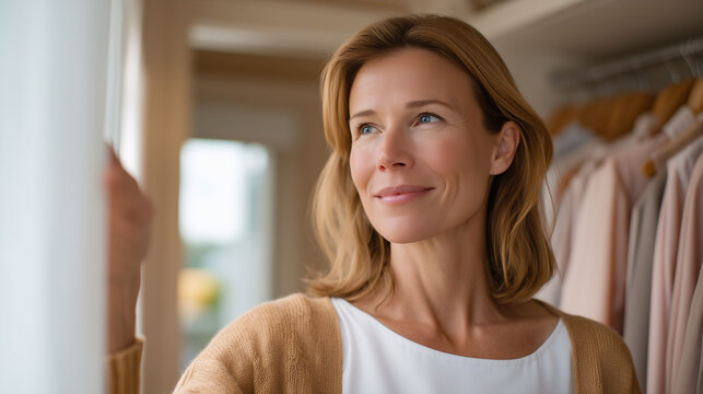 Woman standing in open closet pulling out old professional clothes, midlife reinvention, career reentry after caregiving, rediscovering identity, spring wardrobe, suburban bedroom, 40s female, befor