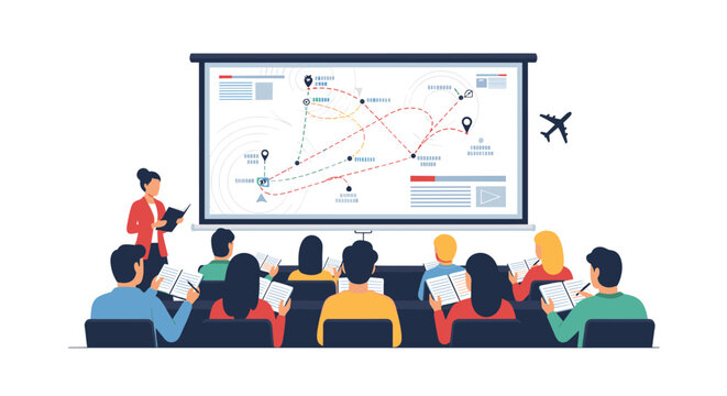 A group of students sits in a classroom watching a presentation on a large screen showing flight paths and maps during a pilot training session.