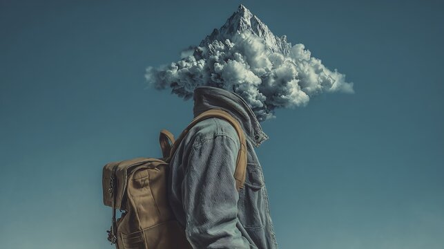 Dreamlike artwork featuring a person with a floating mountain above the head, conceptual and surreal, perfect for artistic and symbolic representation.