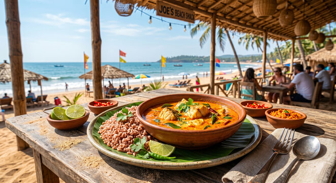 Tropical Goan Fish Curry with Coconut Milk and Red Rice. Tangy and spicy fish curry made with fresh coconut milk and kokum, reflecting the coastal flavors of Goa.