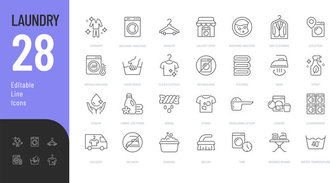 Laundry Line Editable Icons set. Vector illustration in a modern thin line style of textile care related icons: machine washing, ironing, folding, and more. Isolated on background.