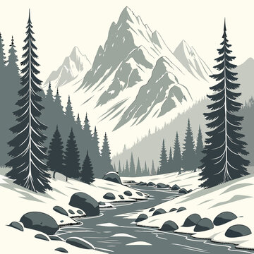 A serene winter landscape illustration featuring a snow-covered mountain range, pine trees, and a gentle stream
