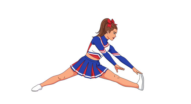 Young Female Cheerleader Performing a Dynamic Straddle Split Stretch in Uniform with Red Bow