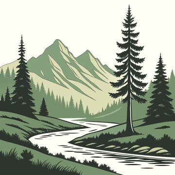 A serene landscape illustration of a winding river flowing through a green valley with pine trees and mountains in the background