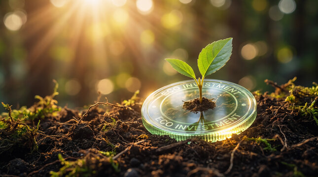 Green Plant Growing From A Transparent Eco Investment Coin