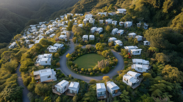 Tiny home community aerial perspective, dozen compact dwellings arranged in circle around shared garden, spring green surroundings, cooperative land ownership, intentional neighborhood, micro-housin