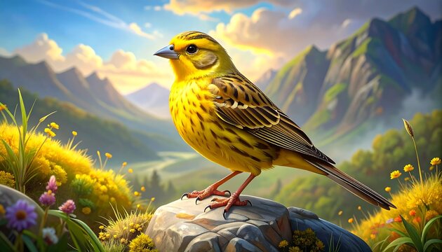 Bright yellow bird perched on rock in vibrant, sunny mountain meadow