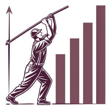 A vector graphic illustration of a man in a baseball uniform swinging a bat with a bar graph in the background