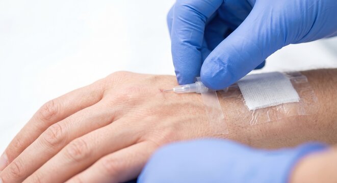 Nurse inserting IV catheter needle into patient hand vein