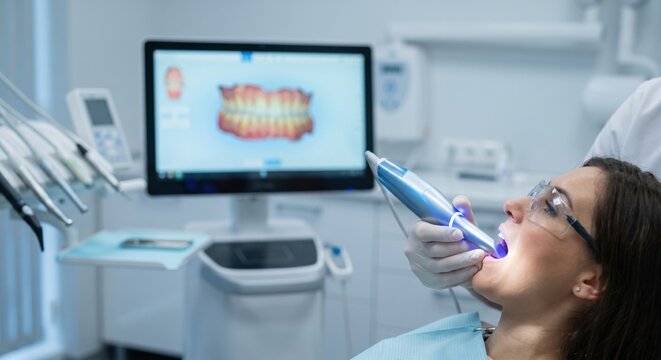 Dentist using intraoral scanner for 3D dental model on patient