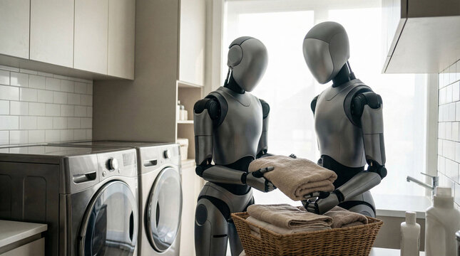 Robotic assistants folding laundry in a clean home utility room, robots, androids.