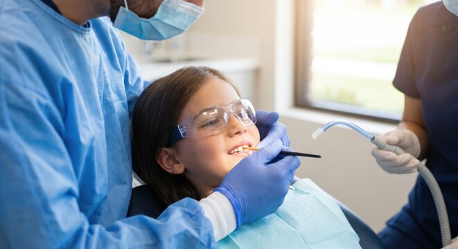 Dentist applying fluoride varnish to child's teeth