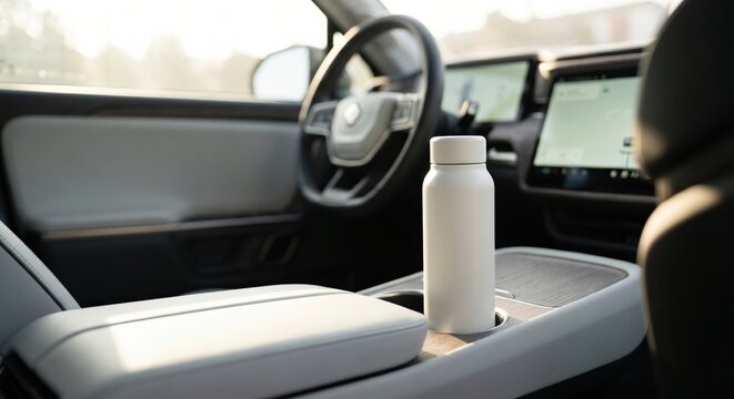 White insulated water bottle in modern EV interior