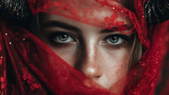 A portrait of woman with striking eyes covered in red veil, an embodiment of mystery and grace. The shot highlights the woman's piercing gaze and the beautiful contrast between her skin, veil.