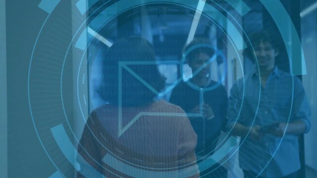 Woman walking office turning to men as phone alert causing pulsing blue HUD mail sparking greeting