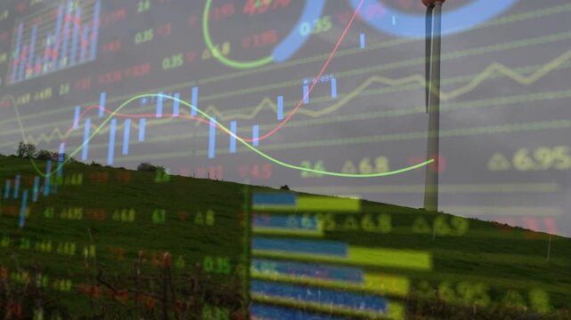Market data streaming fueling candles trends and charts moving over grassy hill as turbine turning