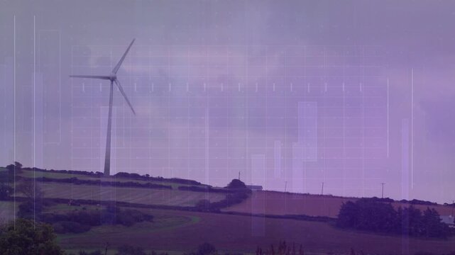 Wind blowing turbine blades rotating clockwise over fields purple grid persisting generating power