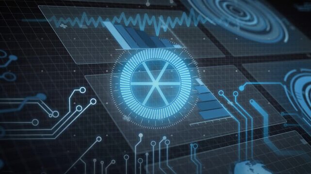 Central holo dial powering, emitting pulses, lighting circuits, bars rising, showing system status